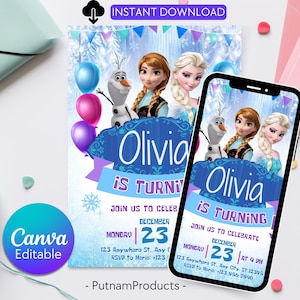 Editable Frozen Birthday Invitation, Frozen Party Elsa Invitation, Winter Snow Kids Birthday Invite, Kids Birthday Invite, Instant Download