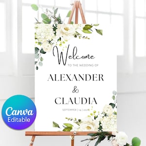White Floral Wedding Welcome Sign Template, Editable Welcome Wedding Sign, Printable Wedding Sign, White Flowers, Instant Download signage