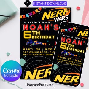 Afdrukbare verjaardagsuitnodiging, Nerf Kid-feest, neon dartverjaardagsuitnodiging, bewerkbare nerf-uitnodigingssjabloon Sjabloon verjaardagsuitnodiging jongen jongen