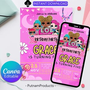 Convite de aniversário de boneca pequena | Convite de aniversário de boneca pequena rosa | Convite de aniversário de boneca | Convite de aniversário infantil | Modelo editável