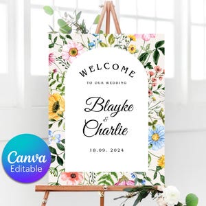 Editable Wildflower Wedding Welcome Sign, Colorful Floral Wedding Garden Party Poster, Boho Flowers Welcome Sign Template, Instant Download