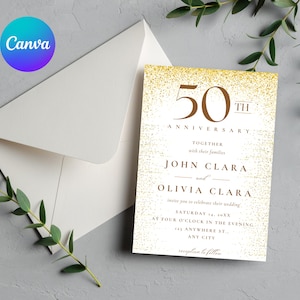 Modèles modifiables d'invitation d'anniversaire de mariage en or, faire-part 50e anniversaire, verdure, or, élégant, feuillage, eucalyptus INVITE