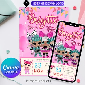Kleine Puppe Geburtstagseinladung | Lola Kid Einladung| Pink Doll Party Einladung | Rosa Puppen-Geburtstagseinladungen| Bearbeitbare Vorlage