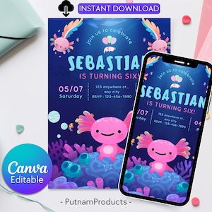 Faire-part d'anniversaire Axolotl| Faire-part d'anniversaire axolotl modifiable | Invitation fille rose Axolotls |  Invitation d'anniversaire amusante Alotl |  Modèle modifiable