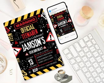 Warning Official Teenager 13th Birthday Invitation| Teenager 13th Invitation| Editable Boy Teenager 13th Birthday Invites| Editable Template