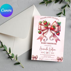 EDITABLE Pink Watercolor ribbon Baby Shower Invitation, Minimalist Baby Shower Pink Watercolor Ribbon Blush Pink 1st Birthday invitation