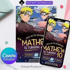 Convite de aniversário do Naruto | Convite digital para festa de aniversário | Convite digital para festa de aniversário | Convite de aniversário infantil | Modelo editável de jogo