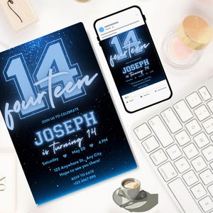 Black and Blue Glittering Birthday Invitation, Teenage Birthday Invite, Black Blue Glitter Birthday Invitation, Birthday Invitation Template