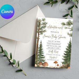 Invitation modifiable de baby shower de forêt, invitation neutre de baby shower, invitation de baby shower de montagne de forêt, invitation d'animaux de forêt de verdure