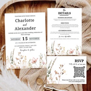 Vintage Botanical Wedding Invitation set, Summer Wildflower Wedding Invitation Set, Whimsical Floral Invitation Suite Template, flora invite