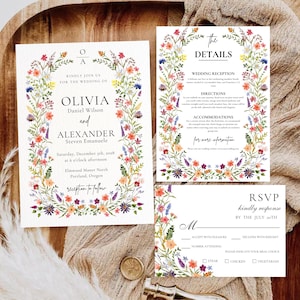 Convite de casamento com flores da primavera, convite com flores silvestres, conjunto de casamento com flores em estilo cottage, convite de casamento no jardim, cottagecore, flores em tons pastel