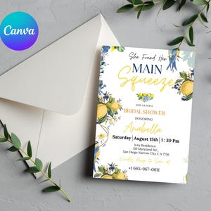 Editable Lemon Bridal Shower Invitation, Main Squeeze Bridal Shower Invite Mediterranean Blue Floral Citrus Bridal Brunch
