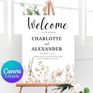 Vintage Botanical Wedding welcome sign, Floral Wedding Garden Party Poster, Boho Flowers Welcome Sign Template, Instant Download