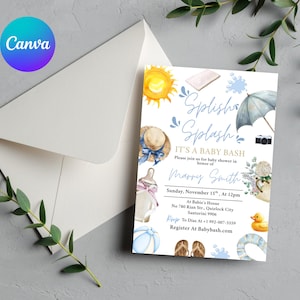 Editable Splish Splash Baby Shower invitation, Blue Beach Summer girl Baby Shower Invite, Tropical Summer girl Blue Pool Surf Beach