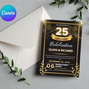 Editable Gold Floral 50th Wedding Anniversary Invitation, 50th Wedding Anniversary Invitation, Golden Anniversary Invitation Template