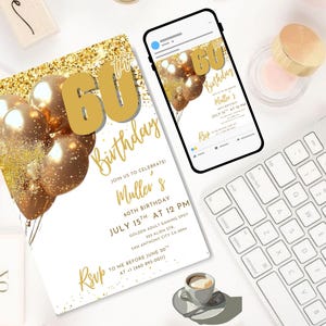 Digital 60th Birthday Invitation For Man| Editable 60th Invitation| Virtual Gold Champagne Sixty Party Invitation For Him| Editable Template