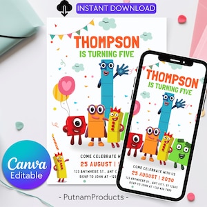 Editable Number blocks, Birthday Invitation, Printable Birthday Party Invite, Digital Kid Party Invite, Number Inspired Birthday Invitation