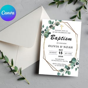 Editable Minimalist Greenery Baptism Invitation Template, Christening Invite, Religious Cross, Printable Baptism, Greenery Baptism Invite