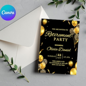 Modèle modifiable d'invitation à une fête de départ à la retraite, dîner de départ à la retraite, paillettes scintillantes élégantes en or blanc noir, fête de départ à la retraite, c'est une surprise