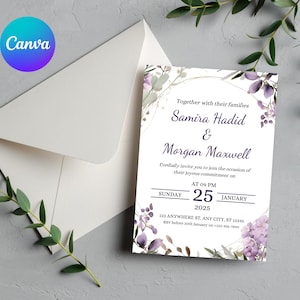 Editable Lavender Lilac Wedding Invitation Template, Floral Boho Invites Suite, Elegant Purple Flowers Garden Wedding Invitation