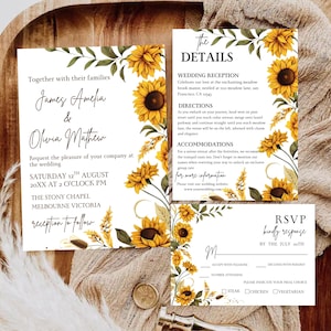 Sunflower Country Wedding Invitation Template Set, Sunflower Wedding Invitation, Rustic Wedding Invitation Suite, Sage Yellow Floral Invite