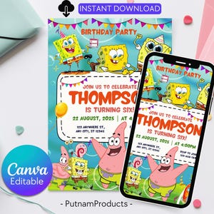 Bearbeitbare SpongeBob-Geburtstagsfeier-Einladung, SpongeBob-Party einladen, Sponge Bob Schwammhose, Geburtstagsfeier-Einladung Canva Vorlage