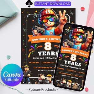 Convite Roblox editável | Convite de aniversário Roblox | Festa de jogo Roblox | Convite infantil Roblox | Modelo de convite de aniversário Roblox para meninos