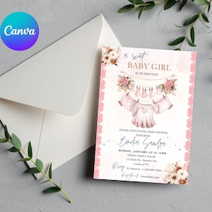 Boho Girl Clothesline Baby Shower invitation, Watercolor Blush Pink Baby Clothes, Girl Baby Shower Invite, Editable Baby Shower Floral