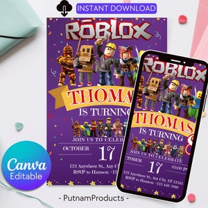 Editable Roblox Invitation Roblox Invite Game Party Roblox Boys Birthday Invitation Template Game Birthday Kid Roblox Roblox Invite Template