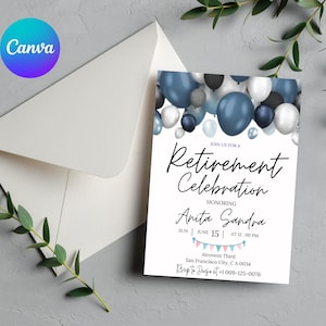 Retirement Party Invitation, Elegant Blue White Black + Silver Balloons, Work Retire Mens Women&#39;s, Out of Office Forever, Retirement Invite
