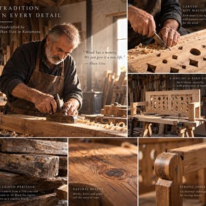 May include: A wooden bench crafted from reclaimed pine timbers featuring hand-carved geometric patterns, visible wood grain, knots, and traditional joinery. The bench is shown in various stages of construction, highlighting the raw material and details.