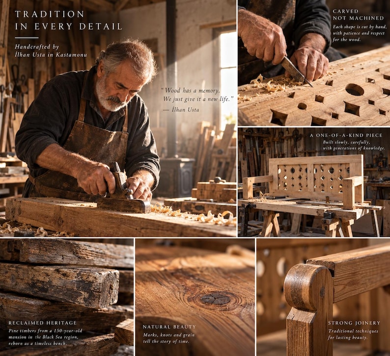 May include: A wooden bench crafted from reclaimed pine timbers featuring hand-carved geometric patterns, visible wood grain, knots, and traditional joinery. The bench is shown in various stages of construction, highlighting the raw material and details.