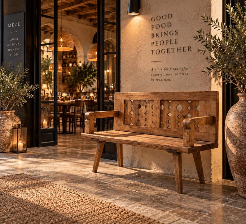 May include: A wooden bench with a rectangular backrest featuring a geometric cutout pattern, positioned on a stone patio. The wall behind the bench displays the text: GOOD FOOD BRINGS PEOPLE TOGETHER. A place for meaningful conversations, inspired by tradition.