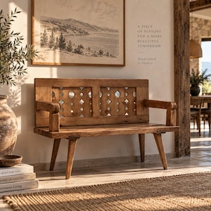 May include: A wooden bench with a rectangular backrest featuring a series of cut-out geometric shapes. The bench has two armrests, four angled legs, and a natural wood grain finish. The backrest includes a repeating pattern of circles and diamonds.