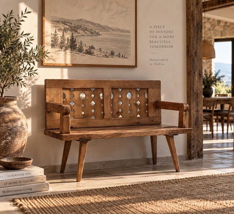 May include: A wooden bench with a rectangular backrest featuring a series of cut-out geometric shapes. The bench has two armrests, four angled legs, and a natural wood grain finish. The backrest includes a repeating pattern of circles and diamonds.