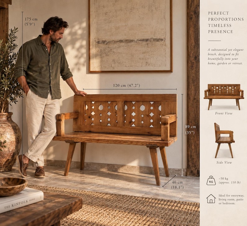 May include: A wooden bench with a backrest featuring a geometric cutout pattern, armrests, and four angled legs. The bench measures 120 cm (47.2 inches) in length, 89 cm (35 inches) in height, and 46 cm (18.1 inches) in depth, weighing approximately 50 kg (110 lb).