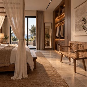 May include: A bedroom interior featuring a four-poster bed with light beige curtains, a wooden bench with a carved backrest, a large walk-in closet with integrated lighting, a full-length mirror, and a textured jute rug on a stone floor.