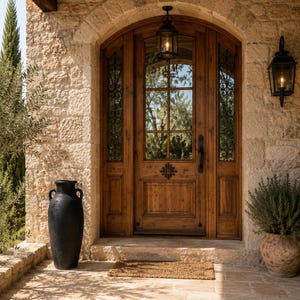 Puede incluir: Una puerta de entrada arqueada de madera con paneles de vidrio y laterales con adornos de metal negro. La entrada incluye dos faroles colgantes negros, una urna de cerámica negra alta, un felpudo tejido y una fachada de piedra.