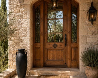 May include: An arched wooden front door with glass panes and side panels featuring black metal scrollwork. The entryway includes two black hanging lanterns, a tall black ceramic urn, a woven doormat, and a stone facade with a stone floor.