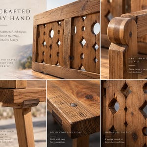 May include: A hand-carved solid pine bench featuring a signature lattice pattern with geometric cutouts, traditional joinery, and hand-shaped details. The wood displays a natural grain and texture, with text overlays including Crafted by Hand, Hand Shaped Details, Traditional Joinery, Solid Construction, and Signature Lattice.