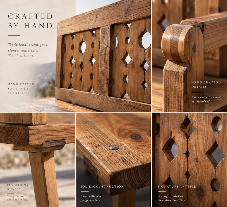 May include: A hand-carved solid pine bench featuring a signature lattice pattern with geometric cutouts, traditional joinery, and hand-shaped details. The wood displays a natural grain and texture, with text overlays including Crafted by Hand, Hand Shaped Details, Traditional Joinery, Solid Construction, and Signature Lattice.