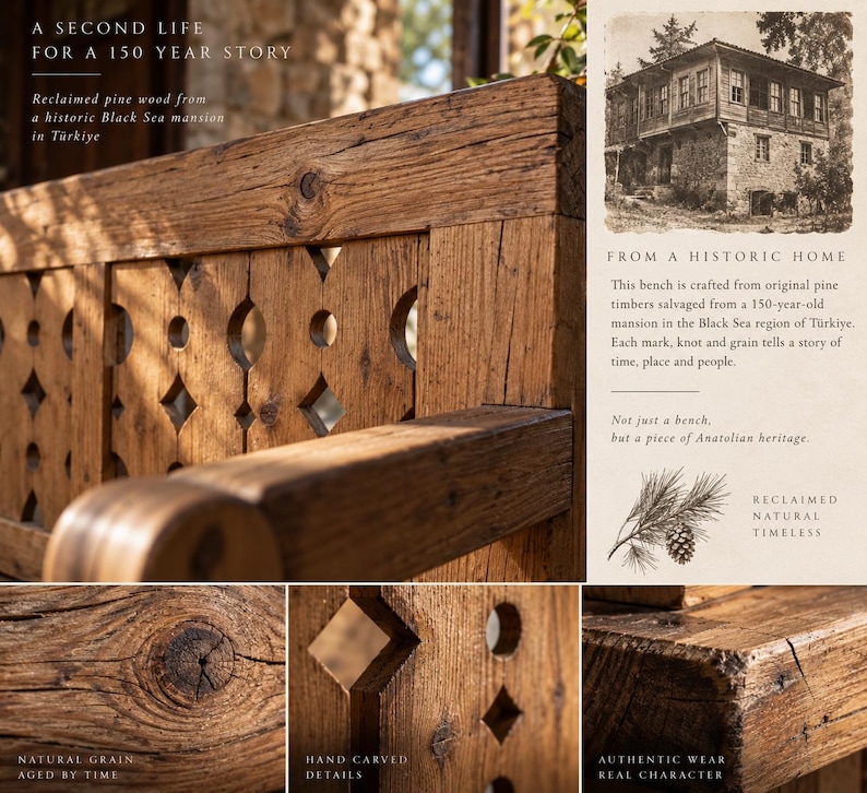 May include: A brown wooden bench crafted from reclaimed pine, featuring hand-carved geometric cutouts in the backrest. The wood displays a visible natural grain, knots, and signs of authentic wear. Text on the image includes A SECOND LIFE FOR A 150 YEAR STORY and FROM A HISTORIC HOME.