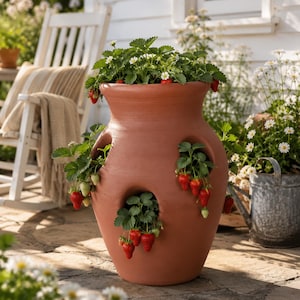 May include: A terracotta strawberry planter with a wide rim and multiple circular side openings. The planter is filled with green strawberry plants, featuring small white flowers and several ripening red strawberries hanging from the sides.