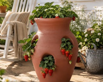 May include: A terracotta strawberry planter with a wide rim and multiple circular side openings. The planter is filled with green strawberry plants, featuring small white flowers and several ripening red strawberries hanging from the sides.