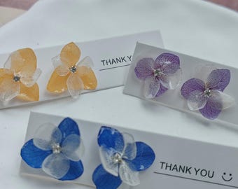 Hydrangea Resin Earrings: Real Dried Flowers, 925 Sterling Silver Studs