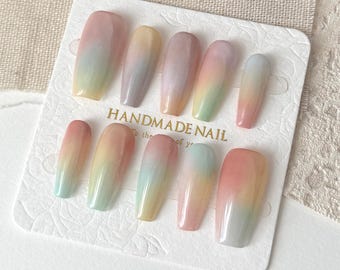 Handmade Pastel Ombre Press On Nails: Rainbow Gradient, Reusable