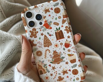Pastel Gingerbread and Christmas Hat Phone Case, Cute Holiday Design, Watercolor Christmas Phone Cover, iPhone Case and Samsung Case