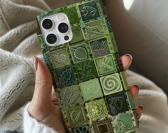 Vintage Botanical Beetle Phone Case Floral Mosaic Ceramic Tile iPhone 16 15 14 13 12 11 X Pro Max Plus Magsafe, Samsung Galaxy S25 S24, Gift