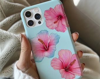 Hibiscus-telefoonhoesje, telefooncover met bloemen, schattige girly iPhone 16 15 14 13 12 11 PRO Max Plus, Samsung Galaxy S24, S23, cadeau, blauwe Hawaii-bloem