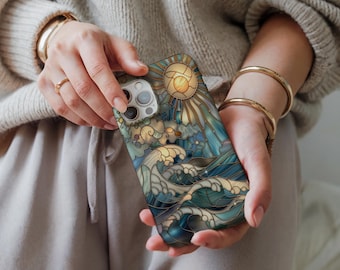 Celestial Stained Glass Moon Sun Phone Case, Stained Glass Phone Cover, Phone Cover For iPhone 16 15 14 13 12 11 x Samsung S25 S24 S23 Case